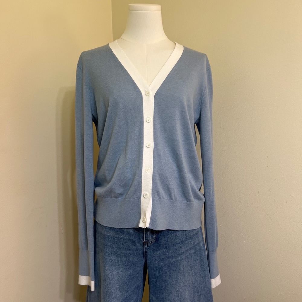 Lauren Ralph Lauren Blue White Colorblock Cotton Modal V-Neck Cardigan Large